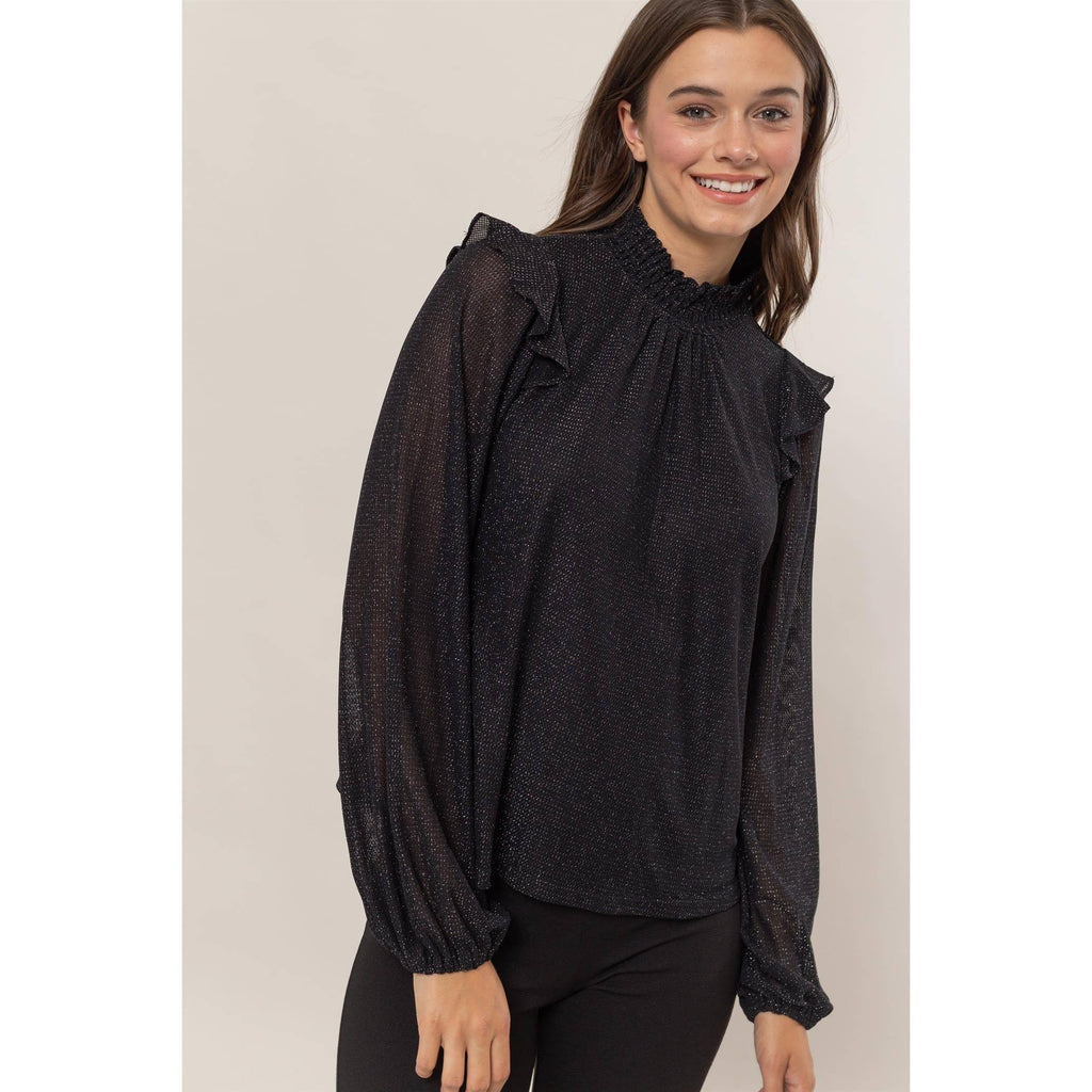 Lurex Mesh Ruffle Blouse