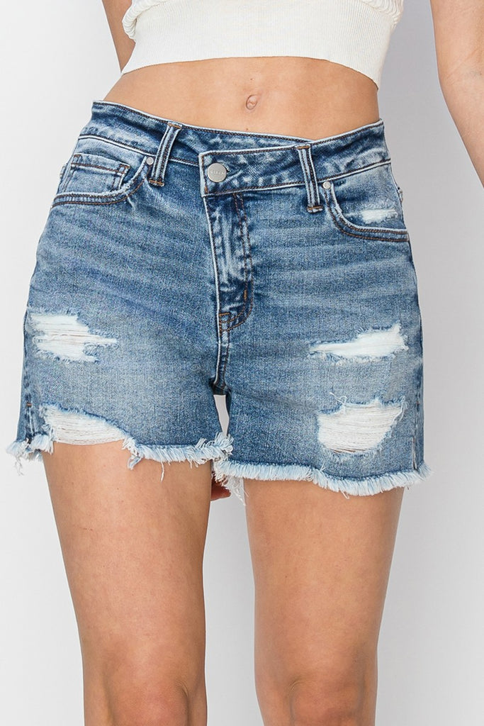 Crossover Distressed Denim Shorts